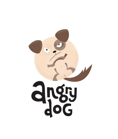 Hand drawn Frowning round puppy is paws up with lettering quote Angry dog.Modern flat textured illustration in cartoon style on white for card, t-shirt print, textile.Funny,comical, black humor quoteのイラスト素材