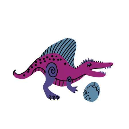 toothy dinosaur with egg color hand drawn vector character. Cute line and flat dinosaur. Sketch Jurassic reptile. Isolated cartoon illustration for kid game, book, textileのイラスト素材