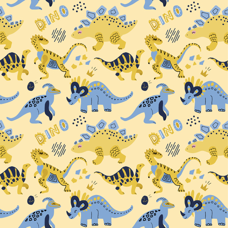 Cute childish seamless vector pattern with dinosaurswith eggs, decor and words dino. Funny cartoon dino. Hand drawn doodle design for girls, kids. Children illustration for fashion clothes, fabric.の写真素材