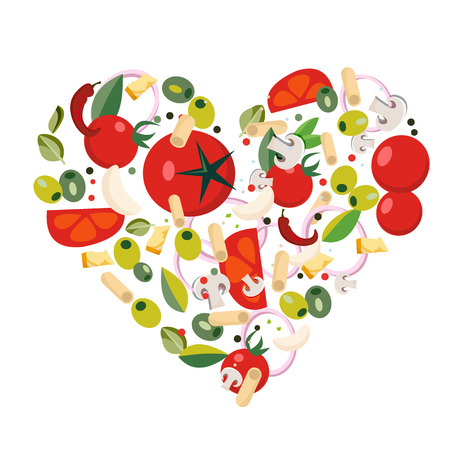 Heart shape with Mediterranean icons. Ingredients - tomato, olive, onion, pepper, mushroom, pasta, cheese,chili,garlic, oregano. italian food illustration in heart form.Flat vector illustrationのイラスト素材