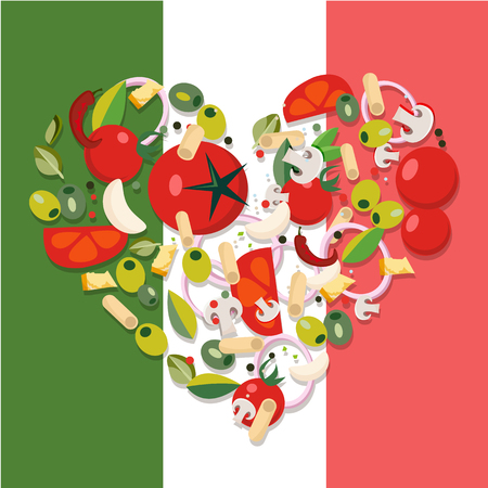 Heart shape Mediterranean food products. Ingredients - tomato, olive, onion, mushroom,pasta, cheese,chili,garlic. Italian food against background on Italian flag Flat vector illustrationのイラスト素材