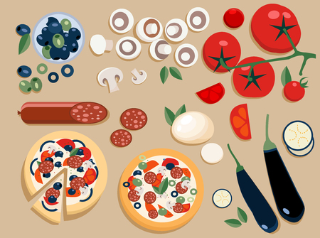 Flat pizza ingredients set entire and cut into pieces: olives, mushrooms, tomato, salami, mozzarella, eggplant. Two ready-made pizzas: whole and sliced. Vector elements for Delivery pizza serviceのイラスト素材