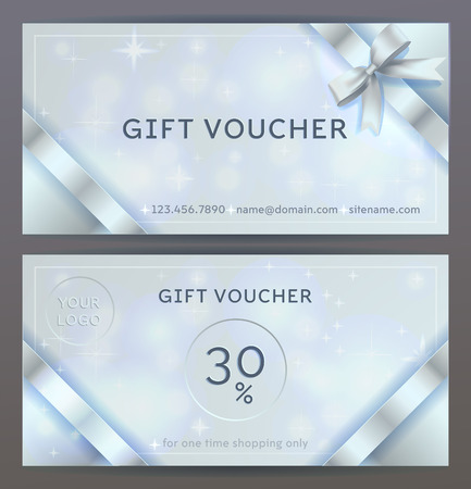 Vector set of front and back sides of luxury gift voucher with golden ribbons, bows. Isolated Elegant sparkling, shining template for holiday gift card, coupon and certificate. Place for logoのイラスト素材