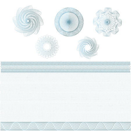 Set of watermarks and borders. Guilloche pattern for banknote, diploma, certificate, currency, voucher, money design. Guilloche decorative elements patterned background, frames, round elements. Vectorのイラスト素材