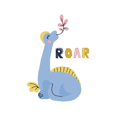 Blue dinosaur with long neck and yellow crest flat hand drawn cartoon illustration. Vector clipart of scandinavian style character for children, kid game, book, t-shirt, textile on white background.のイラスト素材