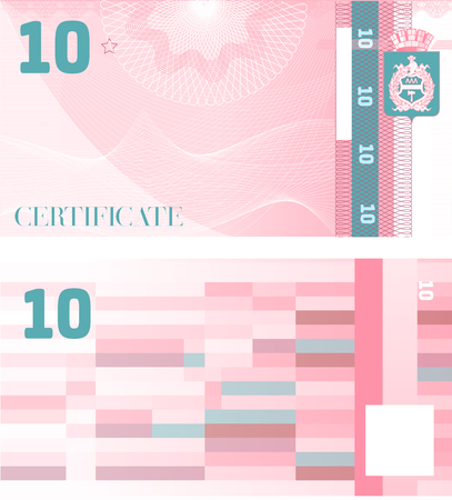 Gift certificate Voucher template 10 with guilloche pattern watermarks and border. Background usable for coupon, banknote, money design, currency, note, check etc. Vector in pink and turquoise colorのイラスト素材