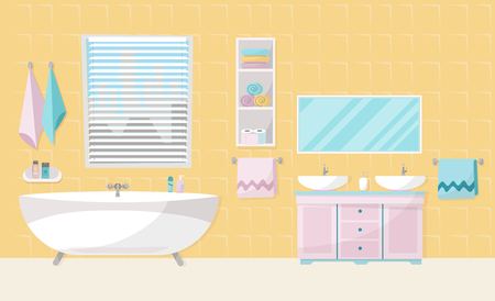 Modern bathroom interior with tub. Bathroom furniture - bath, stand with two sinks, shelf with towels, liquid soap, shampoo, large horizontal mirror, window blinds. Flat cartoon vector illustrationのイラスト素材