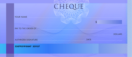 Check template, Chequebook template. Blank blue business bank cheque with guilloche pattern rosette and abstract watermark. Background for voucher, banknote design, , gift certificate, ticket, couponのイラスト素材