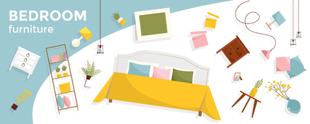 Horizontal banner with a lot of flying Bedroom furniture and text. Interior items - bed, nightstands, plants, pictures, pillows. Cozy floating elegant furniture. Flat cartoon style vector illustrationのイラスト素材