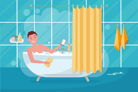 Young man in bathtub bubble foam. Bathroom home interior with bath in tile. Guy holding washcloth. picture on personal hygiene. Flat cartoon vector illustrationのイラスト素材