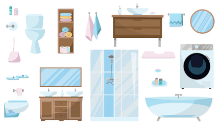 Toiletries set of Furniture, sanitation, equipment and articles of hygiene for the bathroom. Bathroom furniture set isolated on white background. Sanitary ware. Flat cartoon vector illustrationのイラスト素材