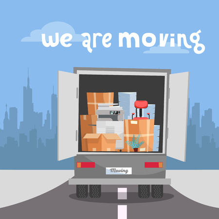 Corporate Moving into new office.Business Relocation in new place.Things in Box in Truck set. truck with printer, stacks of folders drives to side of city's silhouette.Vector flat cartoon illustrationのイラスト素材