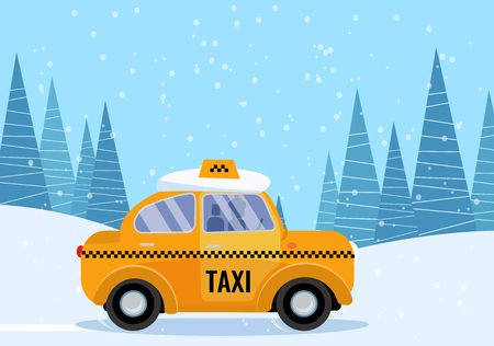 Snow-covered yellow taxi rides through the winter snowy forest with a snowdrift on the roof. The concept of safe and comfortable trips to the suburbs. Vector flat cartoon illustrationのイラスト素材