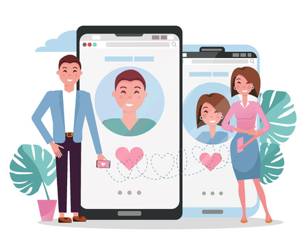 Online dating social networking, virtual relationships concept. Man and woman acquaintance in social network.Male female chatting on Internet.Flat cartoon vector illustration of couple near big phonesのイラスト素材
