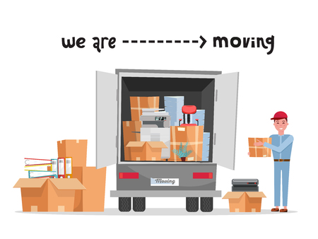 Man worker in uniform with cardboard boxes. Moving office. Transport company. Box in hand. Cute loader. Boxes with corporate things. Moving service. lettering we are moving. Vector flat illustrationのイラスト素材
