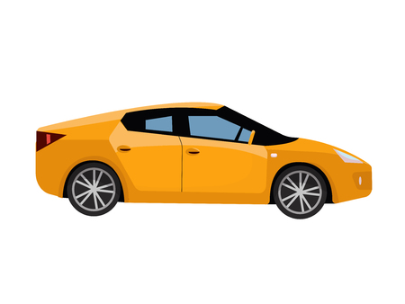 Side view of yellow city car. Modern detailed car. Yellow sedan vehicle. Vector flat cartoon illustration isolated on white backgroundのイラスト素材