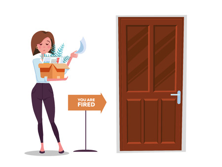 Fired woman goes to exit door. incompetent worker going to the door, dismisses female employee from job, girl leaving office workplace. Dismissed with cardboard box . Vector flat cartoon illustrationのイラスト素材
