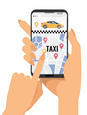 Female hands holding mobile phone with taxi app. City map with picture of taxi car and geolocation signs on screen.Taxi service. Hand push touchscreen and choose a car.Vector flat cartoon illustrationのイラスト素材