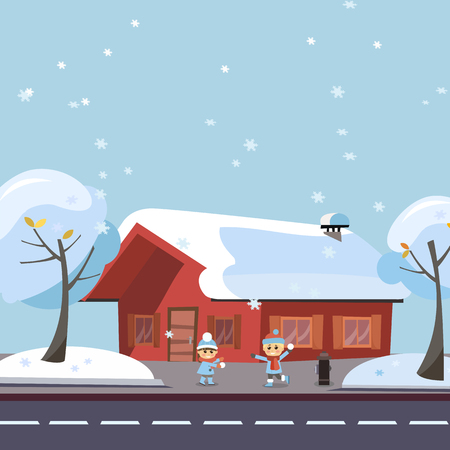 Flat vector winter scene children playing snowball fights. Happy kids boy and girl playing snowball fight game in front of the snowy house and trees by the road at Winter Season. Holiday banner, cardのイラスト素材