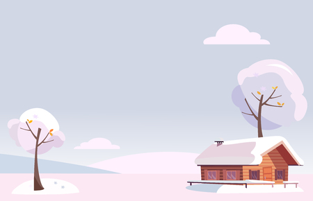 Vector flat white snowy winter landscape with small country house and snow covered trees on the snow-covered hills in the snowing woods. xmas background in cartoon style. Free space for your textのイラスト素材