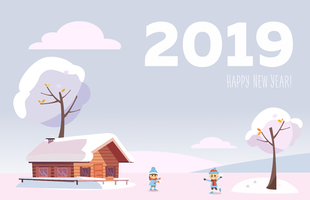 Vector flat card 2019 Happy new year. white snowy winter landscape with small country house and snow covered trees on the snow-covered hills in the snowing woods with children playing snowball fights.のイラスト素材