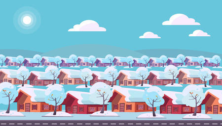 Panoramic landscape of suburban one-story village. Same houses are located in three rows. Winter snow sunny weather and snow-covered trees outside. Flat cartoon style vector illustration in blue colorのイラスト素材