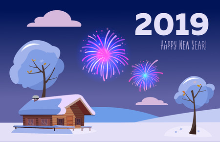 Flat vector card with fireworks over snowy winter hills landscape with country house with inscription 2019 Happy new year in purple-blue colors. Holiday at county house. Sky full of firework lightsのイラスト素材