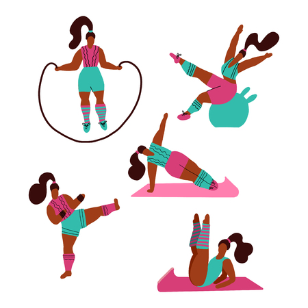 Women Doing Sports Poses Of Yoga Fitness With Jump Rope Fitball Kickboxing Workout In The Gym On White Background Fitness For Every Woman Gymnastic Training Flat Doodle Textured Illustration のイラスト素材 ストックフォト 写真素材のstock Foto