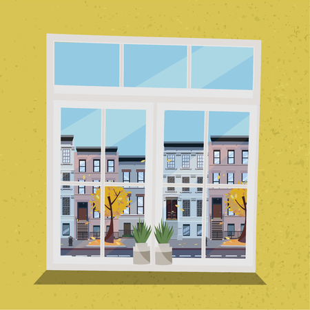 Window with view of houses on street with road in town and yellow trees, flying leaves. Autumn interior with plants and yellow wallpaper. Sunny good weather outside. Flat cartoon vector illustration.のイラスト素材