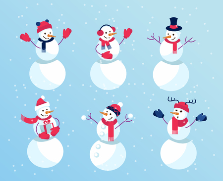 Funny Snowmen. Set of winter holidays snowman. Cheerful with giftのイラスト素材