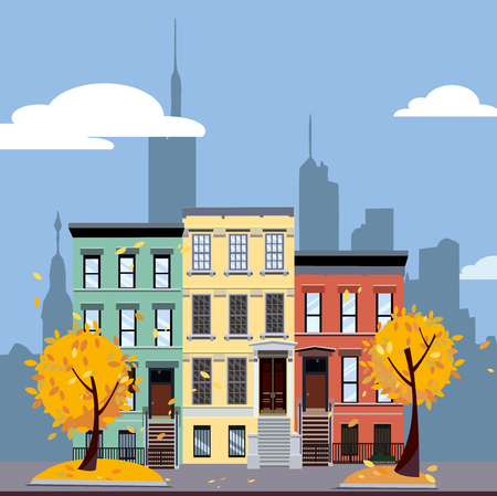 Multicolored multi-party cozy houses on background of skyscrapers of business center of city. Flat cartoon vector illustration of Autumn city landscape. Street cityscape with yellow leaves.のイラスト素材