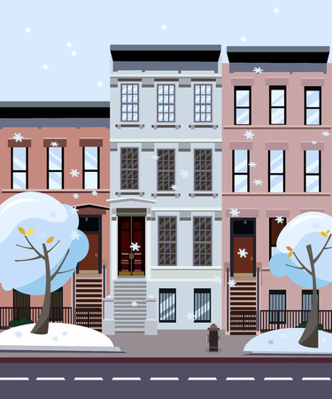 Flat cartoon style vector illustration of an winter city street. Three-four-story houses. snow-covered trees and fluing snowflakes. Street cityscape. Day city landscape with trees in the foregroundのイラスト素材
