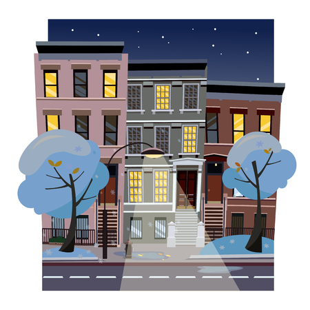 Flat cartoon vector illustration of winter snowy city street at night. Uneven houses with luminous windows,. Street cityscape with glowing streetlight and starry sky. Town landscape with blue treesのイラスト素材