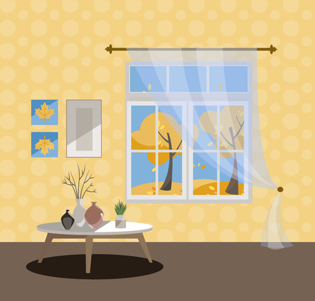 Window with a view of yellow trees and flying leaves. Autumn interior with a coffee table, vases, tulle, yellow wallpaper. Sunny good weather outside. Flat cartoon style vector illustration.のイラスト素材