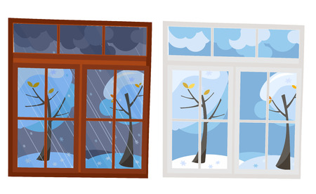 Set of 2 windows in flat style. A wooden brown window overlooking the winter evening, a white plastic window with a view of the winter day. Outside the window is a natural landscape 2 trees in snowのイラスト素材