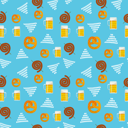 Seamless pattern of traditional Oktoberfest food. Oktoberfest beer festival icons. Oktoberfest symbol: mug, snack, pretzel, sausage on white backgroundのイラスト素材