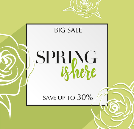 Design banner with spring is here logo. Green card for spring season with black frame and rose. Promotion offer with spring roses flower decoration. Vector eps10のイラスト素材
