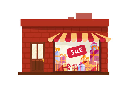 Storefront, store building, facade front view. Shop front view flat cartoon vector illustration cartoon storefront isolated on white background. Lighting shop window with striped canopy in brick wallのイラスト素材