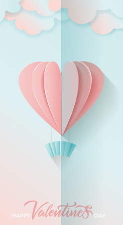 Love card for Valentine's day. Lettering love you. 3D flying pink and blue Paper heart and cloudsのイラスト素材