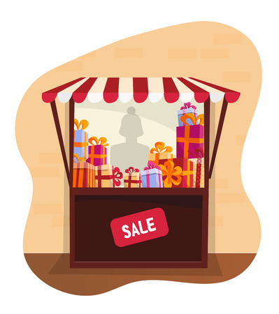 Showcase street festive tent with striped awning. Small street gift shop at Christmas Fair. Storefront with stacks of gifts for sale on white background. Lighting shop window .Flat cartoon vector?のイラスト素材