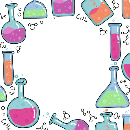 Chemistry Test tubes vector outlined sketch round frame. Kids Education illustration in thin line color doodle style. Set of Hand drawn round and square bulb with bubbled liquid on white backgroundのイラスト素材
