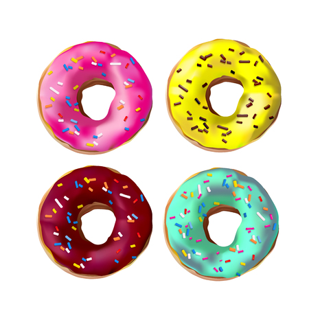 Photorealistic vector colorful donuts with sprinkles, glaze. Set of 4 realstic delicious sweet pink, chocolate, yellow, azure donuts american dessert with colorful toppings on white background.のイラスト素材
