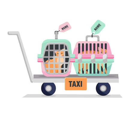 Pet taxi. Elements of personal travel cage with cat's bag. Hand Truck with Two Plastic Carriers on white background. Flat cartoon vector illustration.のイラスト素材