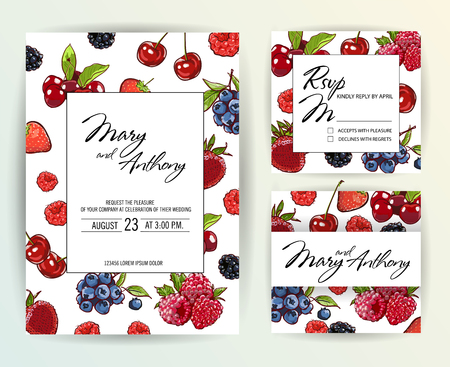 Wedding Invitation, berry invite card Design: Hand drawn colorful marker illustration. Doodle sketch line Raspberry, strawberry, cherry,blueberry on white background frame print. Vector menu, rsvp set.のイラスト素材