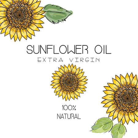 Vector illustration with 3 handdrawn sunflowers on white background. Design for sunflower oil, sunflower packaging, natural cosmetics, health care products.のイラスト素材
