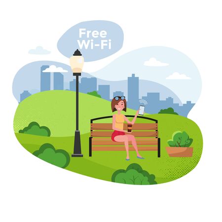 Vector flat cartoon illustration - woman on a bench with free wifi. Park, trees and hills on background. Free wifi zone and city park web posters. Woman sitting on bench with smartphone.のイラスト素材