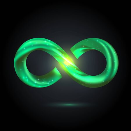 green fusion swoosh line infinity symbol. Vector 3d volume illustration on black background.のイラスト素材