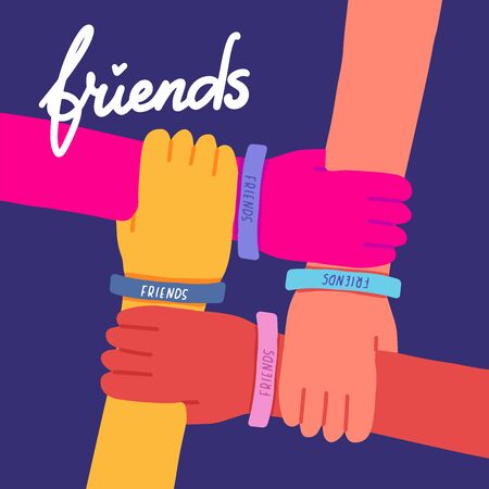 Happy friendship day illustration. Colorful four hands crossed together on dark blue background. Vector illustration of friendship with lettering text Friends.Holiday of togetherness, unity,having funのイラスト素材