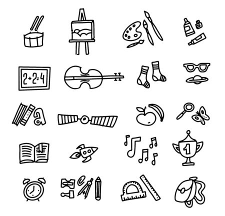 School Icons. Back To School. Hand Drawn Doodle Icon Set. Sketchy vector outline cartoon set of School objects and symbols. Freehand drawing school items.のイラスト素材