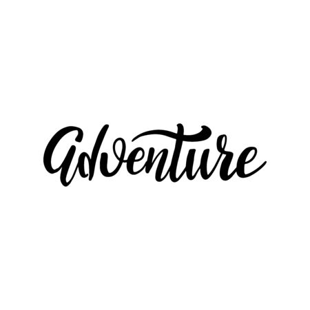 Adventure black and white card. Ink brush illustration. Hand drawn lettering. Isolated on white background. Perfect design element. Vector artのイラスト素材